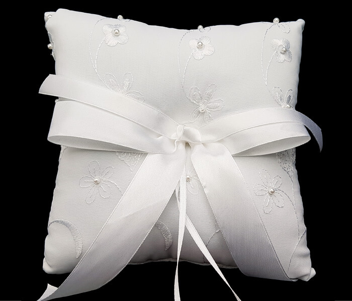 120-1027P White ring Pillow Embroided Flowers and pearls 8.50