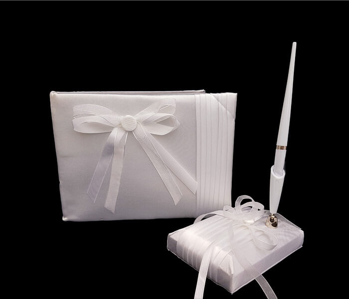 120-871 Guest Book with Pen Set - Satin Pleat Comes with Bride _ Groom Family Pages Bride _ Groom Attendants Pages with 60 Pages for Guests to Sign 20.00