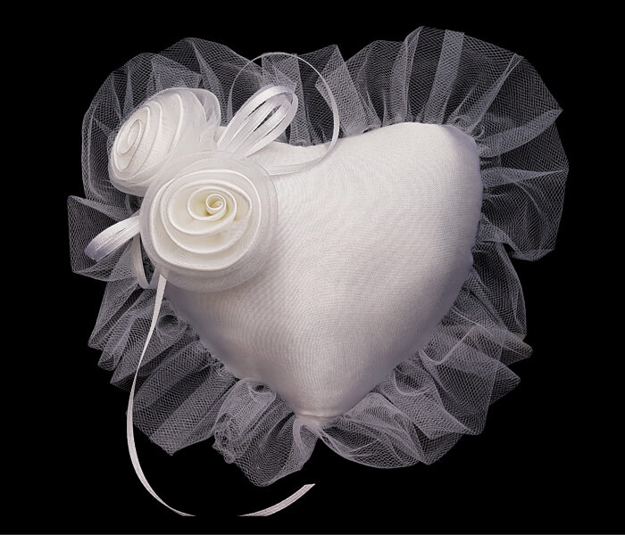 BR-6917 White Heart Shaped Ring Pillow with two large Ribbon Roses 11.95