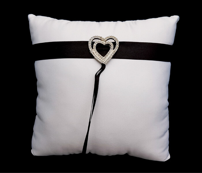 EL-505 White Ring Pillow with Black Ribbon and Diamonte Heart 10.50