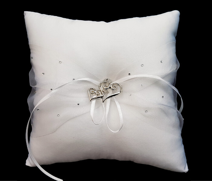 VL0027E White Ring Pillow with Double heart and scattered rhinestones 10.5