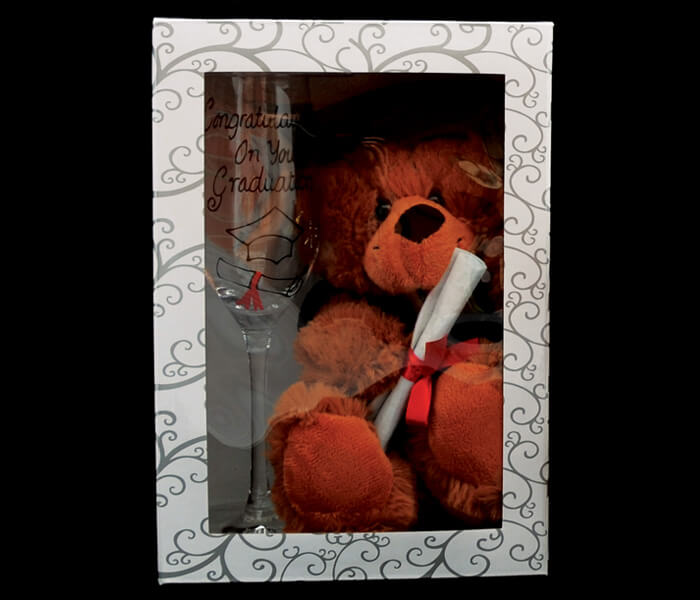 G3915 - $16.00 Champagne Flute _ Graduation Bear Set