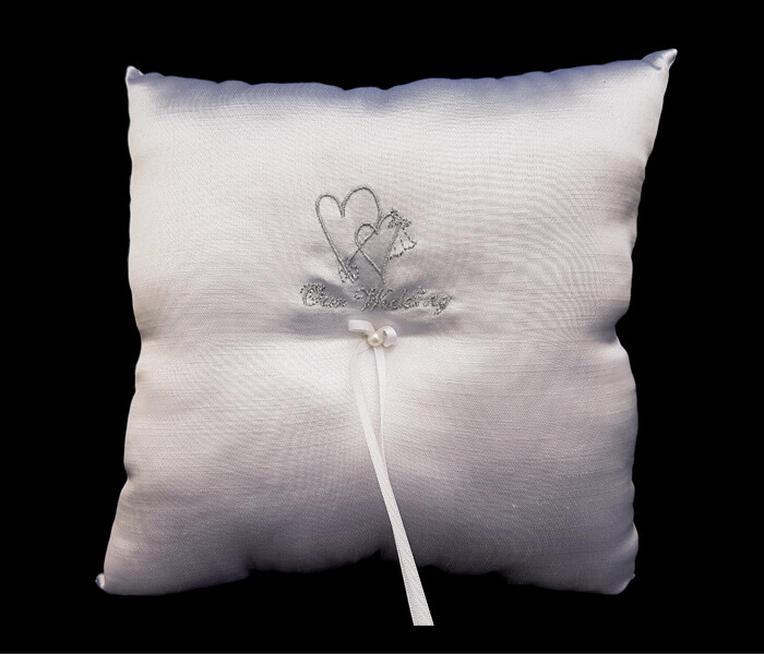 KW-5D5.05 White Ring Pillow with Silver Emboroided hearts and Our Wedding 8.50