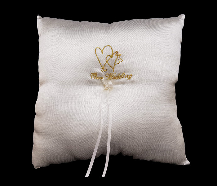 KW-5D5.06 Ivory Ring Pillow with Gold Embroided Love Hearts and Our Wedding 8.50