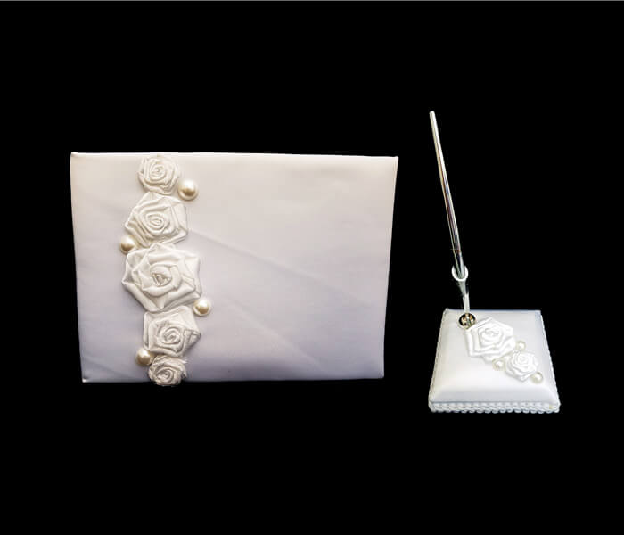 MS-1480CD Guess Book and Pen Set Ribbon Roses with Pearls 25.00